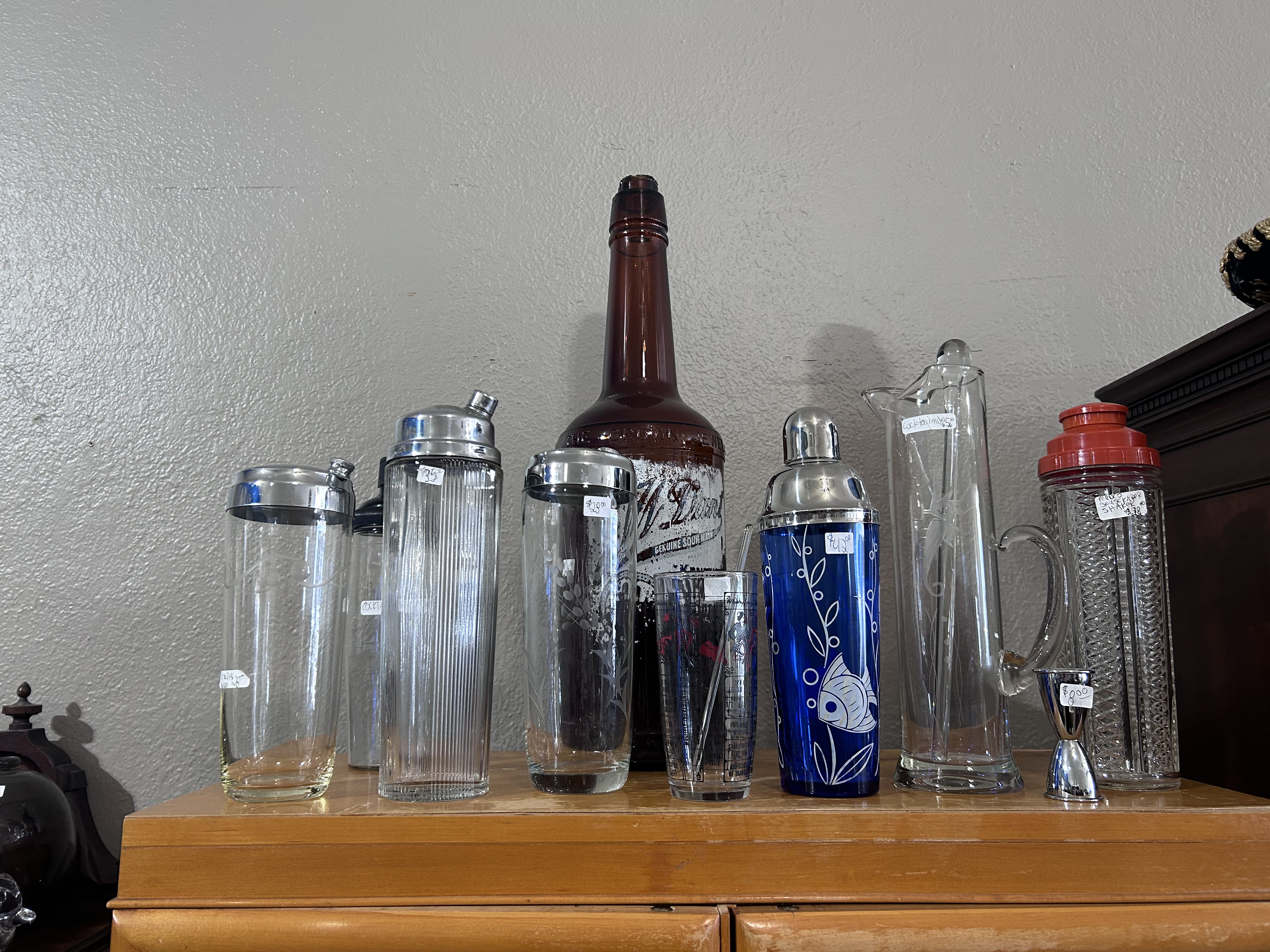 Vintage cocktail shakers and bar pitchers