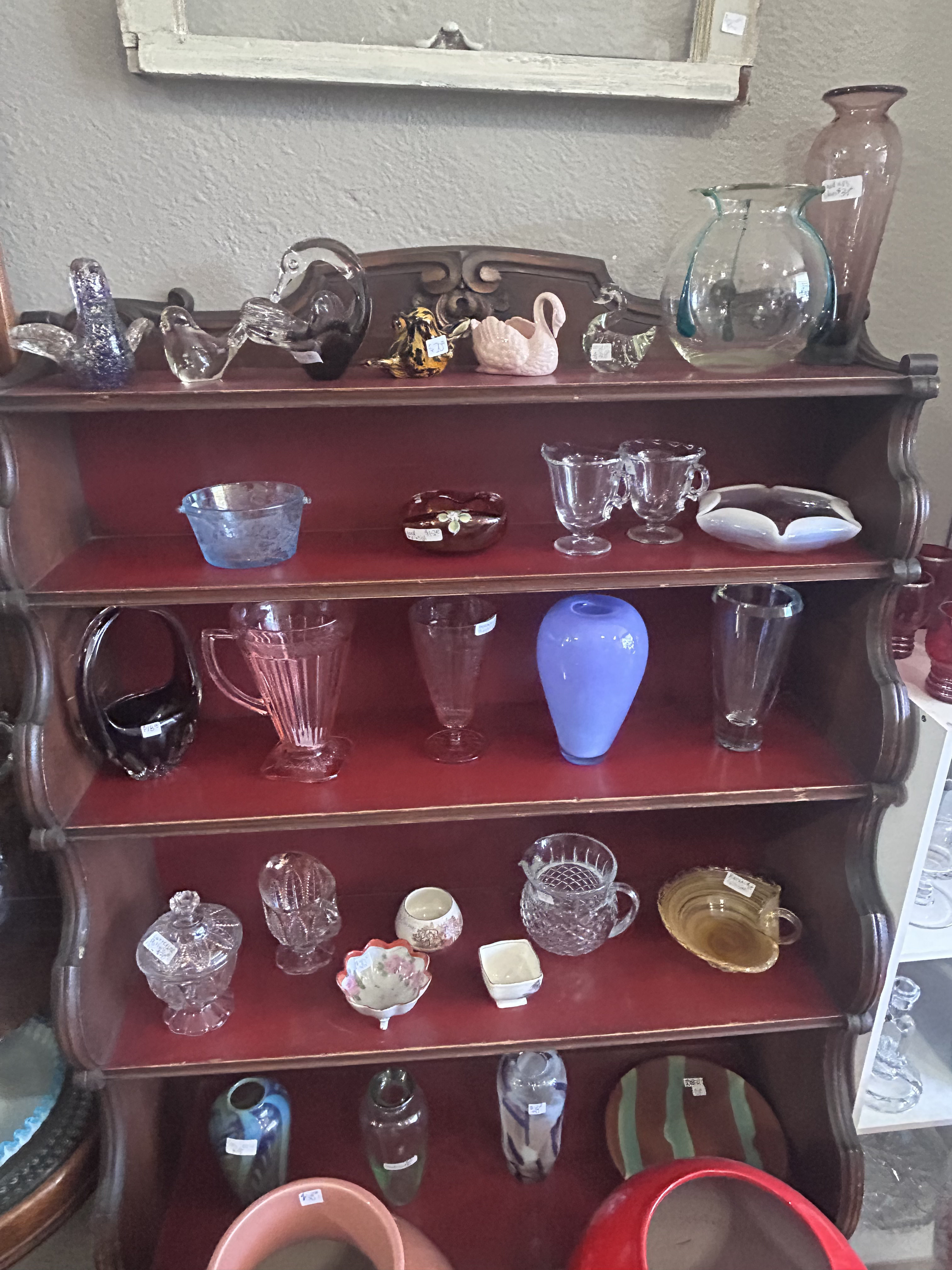 Art glass birds and pink Belleek swan