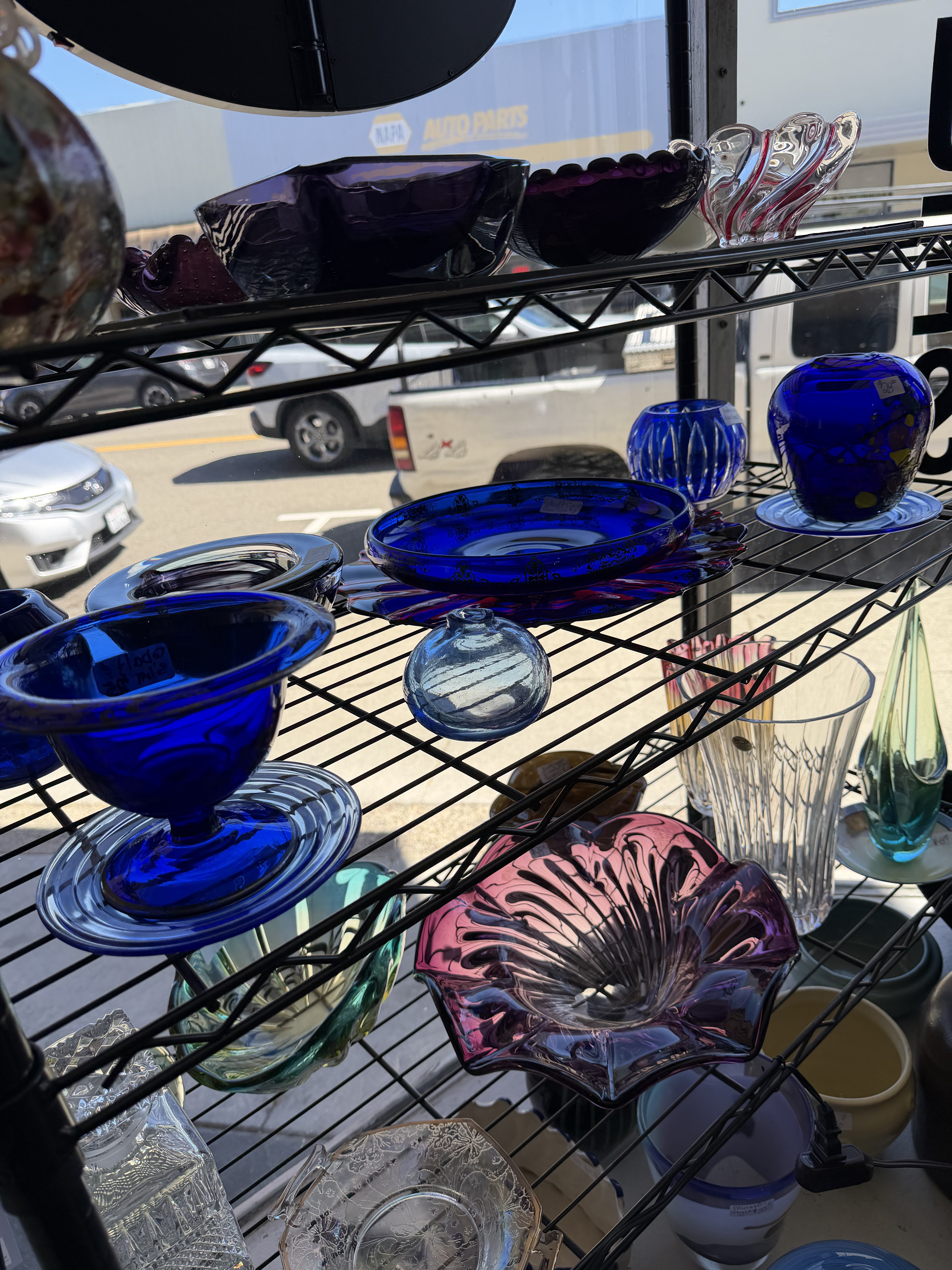Vibrant cobalt glass window display
